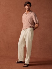 Neutral/Brown Stripe Textured Striped Elasticated Waist 100% Cotton Trousers - Image 4 of 10