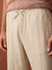 Neutral/Brown Stripe Textured Striped Elasticated Waist 100% Cotton Trousers - Image 6 of 10