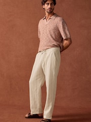 Neutral/Brown Stripe Textured Striped Elasticated Waist 100% Cotton Trousers - Image 9 of 10