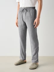 Chambray Blue Regular Tapered Fit Textured Linen Cotton Elasticated Drawstring Trousers - Image 1 of 10
