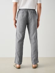 Chambray Blue Regular Tapered Fit Textured Linen Cotton Elasticated Drawstring Trousers - Image 3 of 10