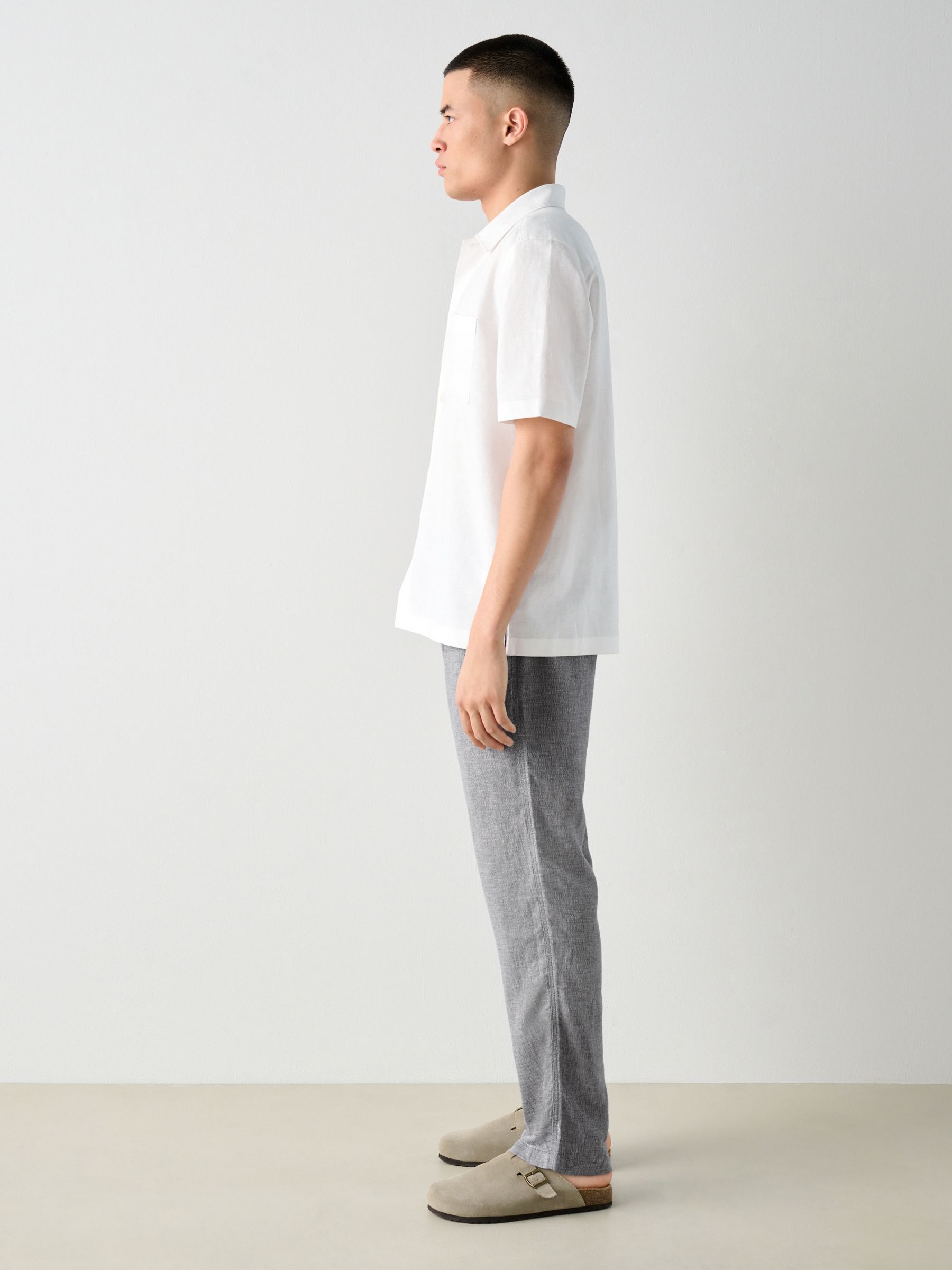 POSTELEGANT LINEN CHAMBRAY TROUSERS パンツ Buy Chambray Blue Regular Tapered Fit Textured Linen Cotton