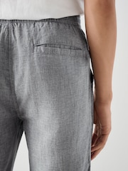 Chambray Blue Regular Tapered Fit Textured Linen Cotton Elasticated Drawstring Trousers - Image 6 of 10