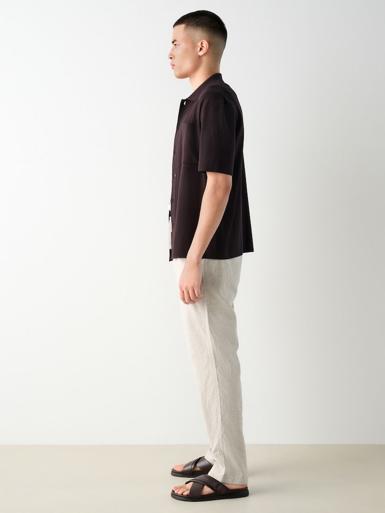 Ecru/Mushroom Brown Regular Tapered Fit Cotton Linen Striped Trousers - Image 4 of 7