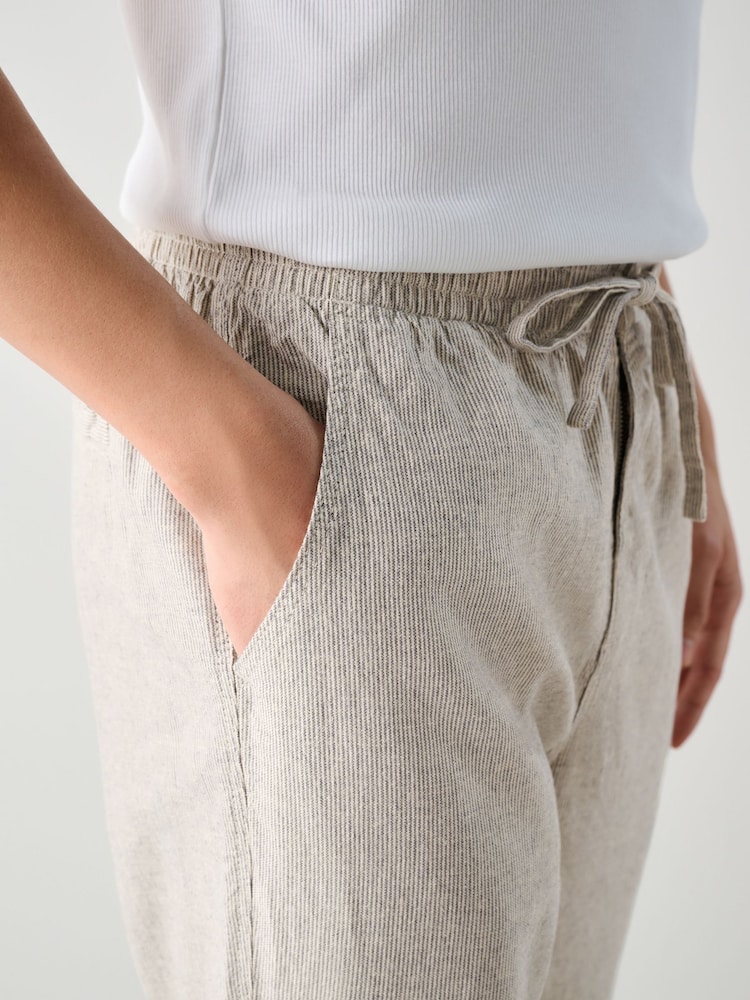 Ecru/Mushroom Brown Regular Tapered Fit Cotton Linen Striped Trousers - Image 6 of 7