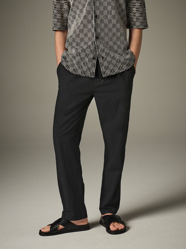Black - Regular Tapered Fit - Linen Cotton Chino Trousers - Image 1 of 11 Black - Regular Tapered Fit - Linen Cotton Chino Trousers - Image 1 of 11