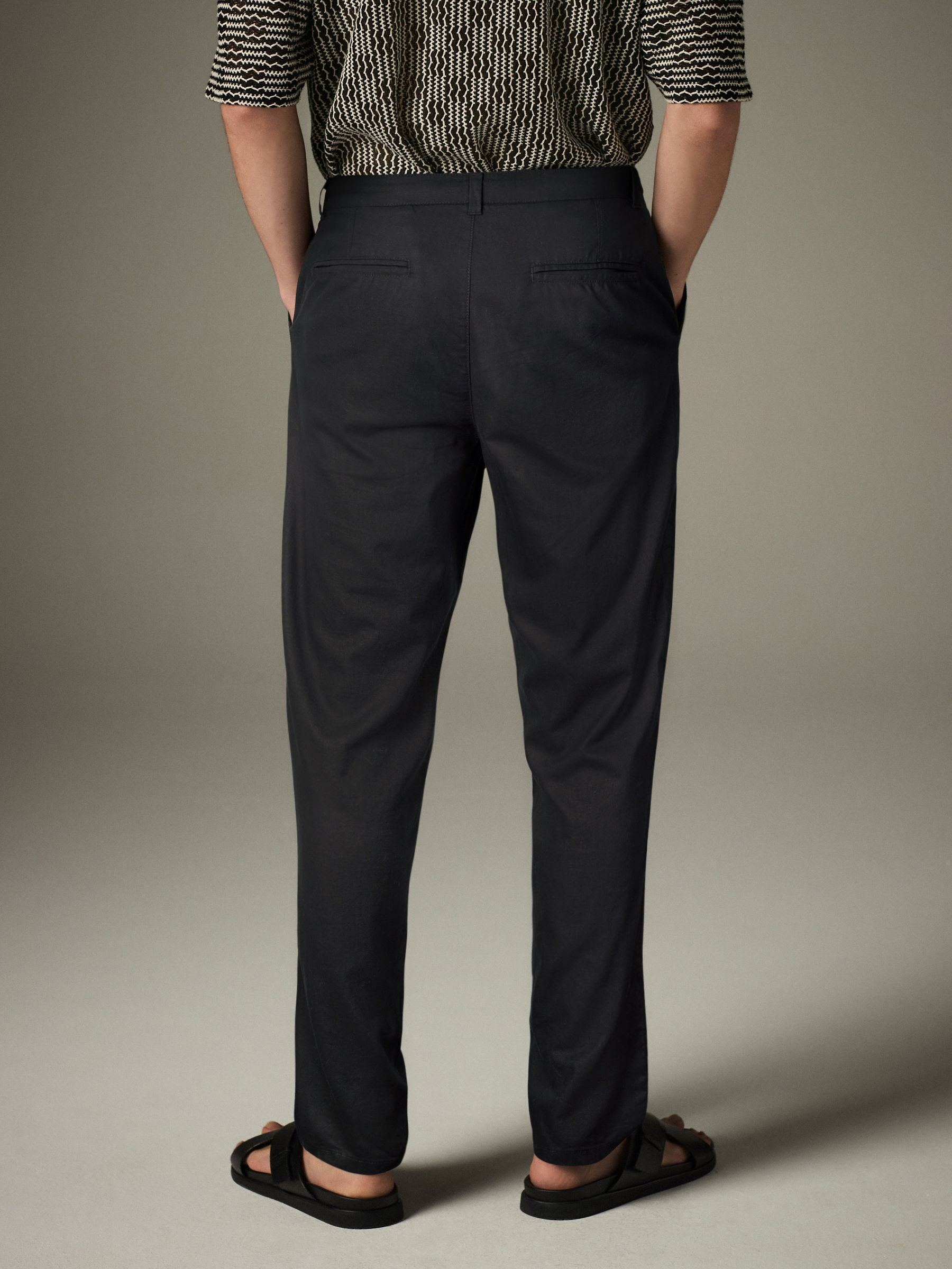 Buy Black Regular Tapered Fit Linen Cotton Chino Trousers from the