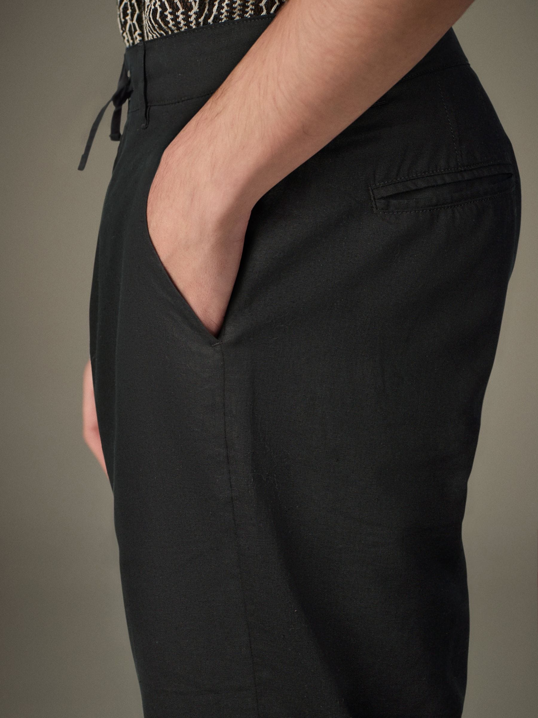 Buy Black Regular Tapered Fit Linen Cotton Chino Trousers from the