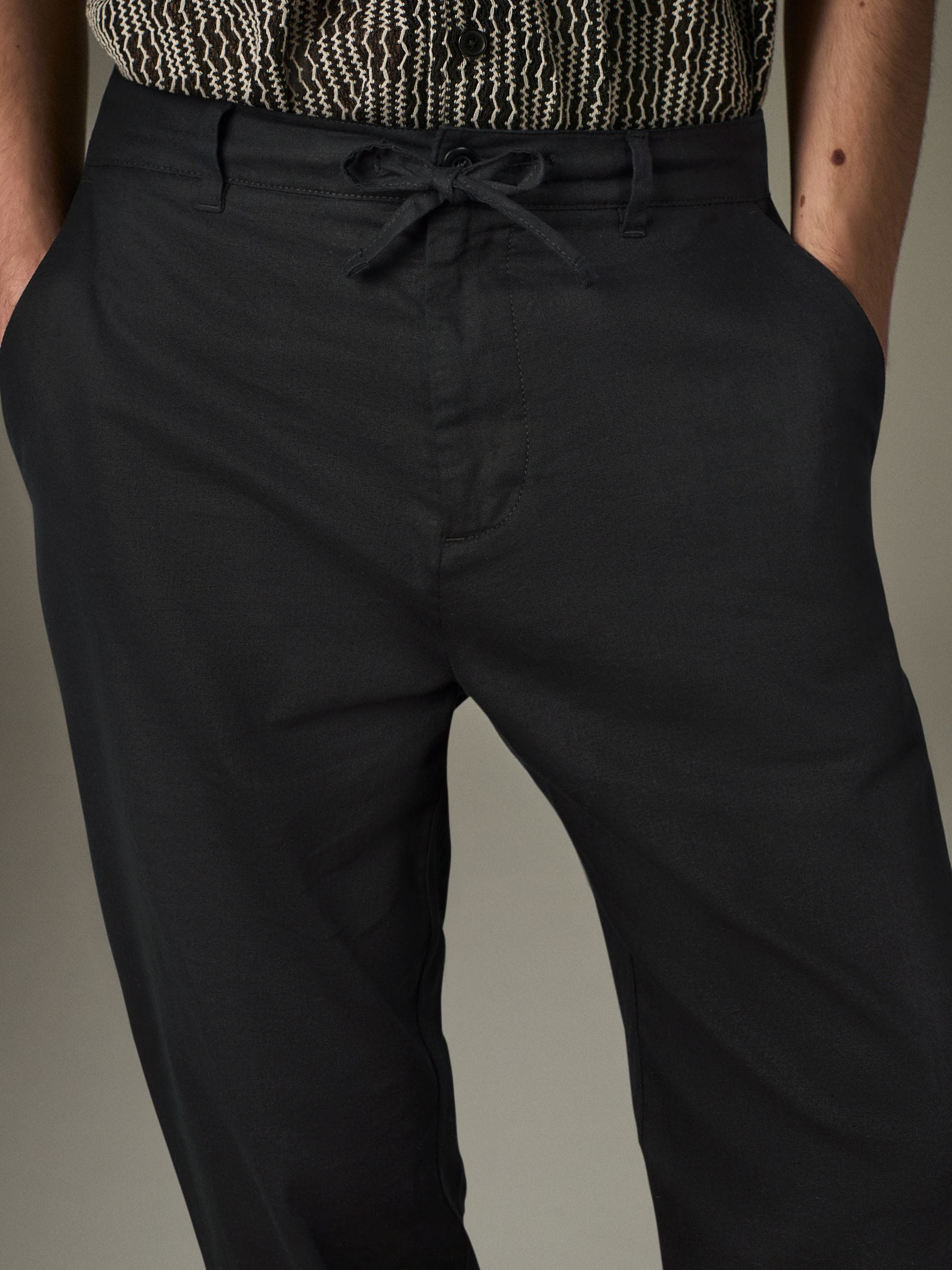 Buy Black Regular Tapered Fit Linen Cotton Chino Trousers from the