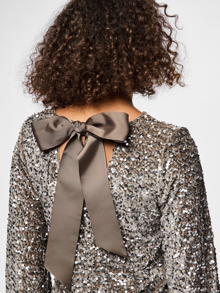 PIECES Grey Long Sleeve Sequin Bow Back Blouse - Image 5 of 5