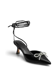 PIECES Black Tie Up Bow Pointed Court Heeled Sandals - Image 2 of 2