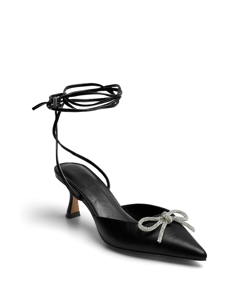 PIECES Black Tie Up Bow Pointed Court Heeled Sandals - Image 2 of 2