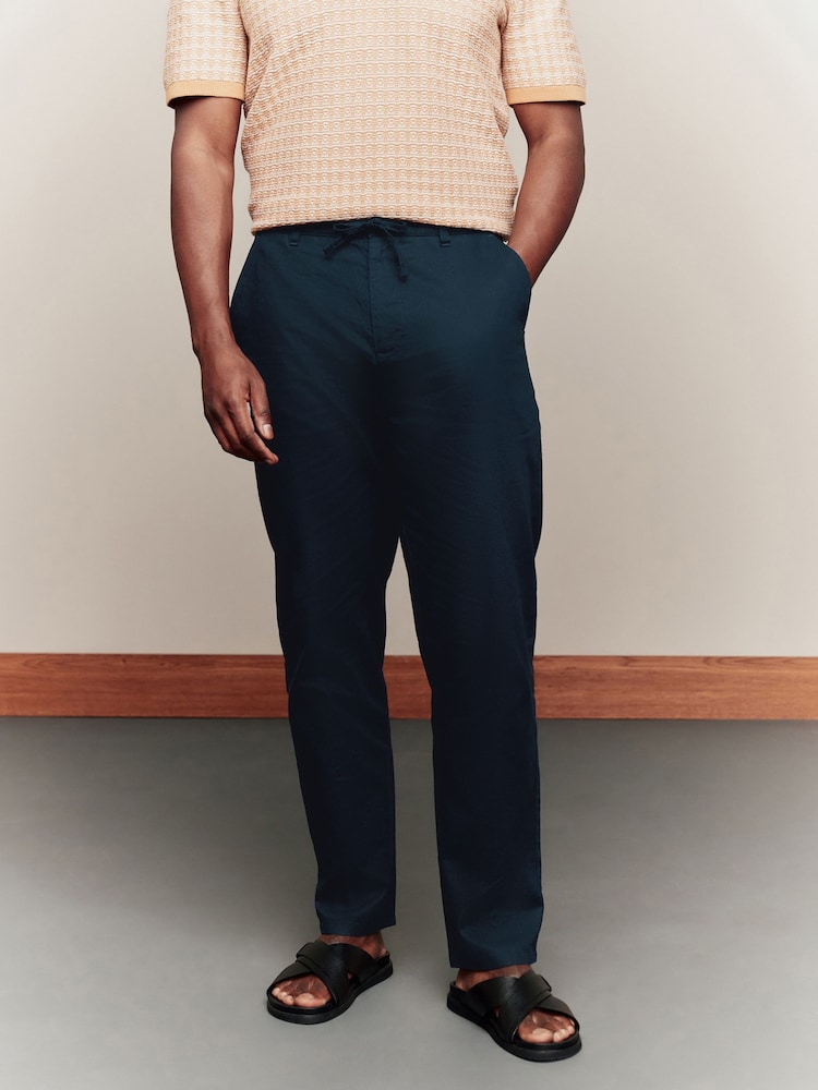 Navy Blue Regular Tapered Fit Linen Cotton Chino Trousers - Image 1 of 9