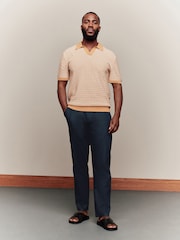Navy Blue Regular Tapered Fit Linen Cotton Chino Trousers - Image 2 of 9