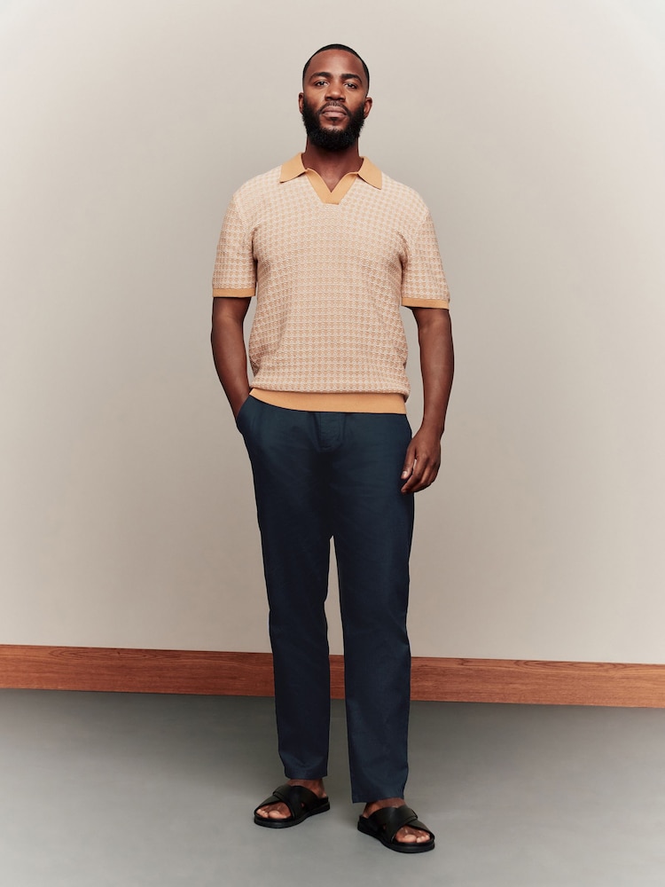 Navy Blue Regular Tapered Fit Linen Cotton Chino Trousers - Image 2 of 9