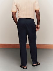 Navy Blue Regular Tapered Fit Linen Cotton Chino Trousers - Image 3 of 9