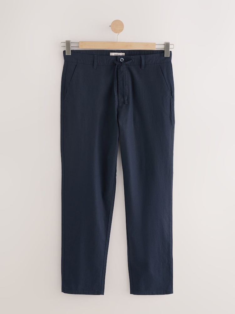 Navy Blue Regular Tapered Fit Linen Cotton Chino Trousers - Image 5 of 9