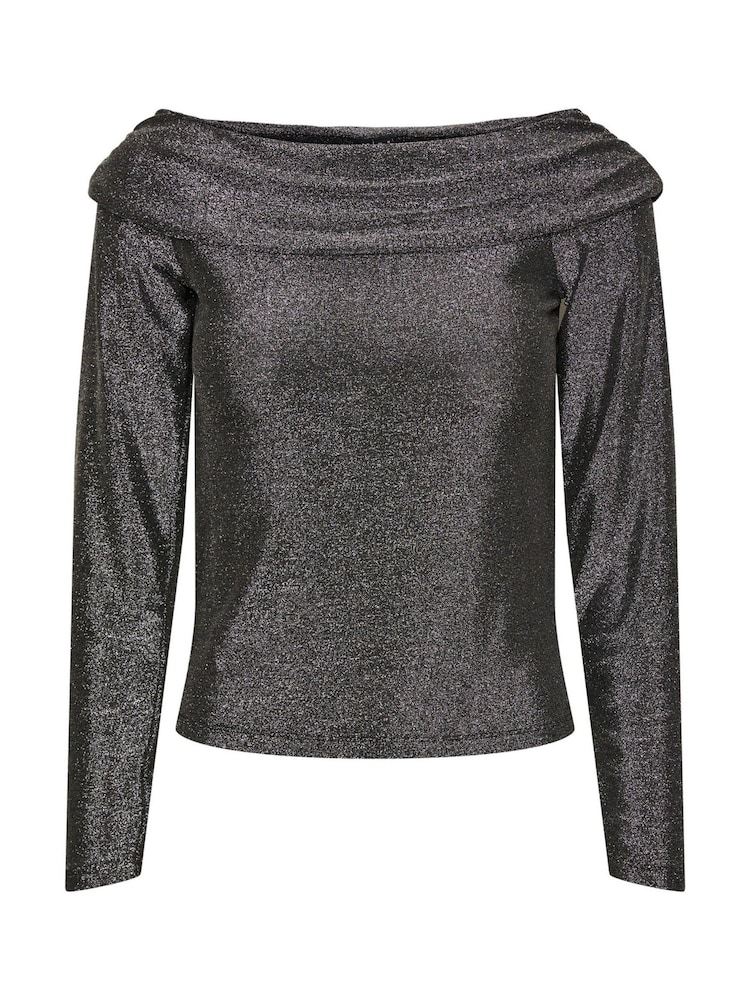 PIECES Black Silver Metallic Bardot Top - Image 1 of 1