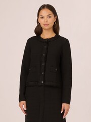 Adrianna Papell Long Sleeve Fray Trim Cardigan Black Sweater With Pockets - Image 1 of 7