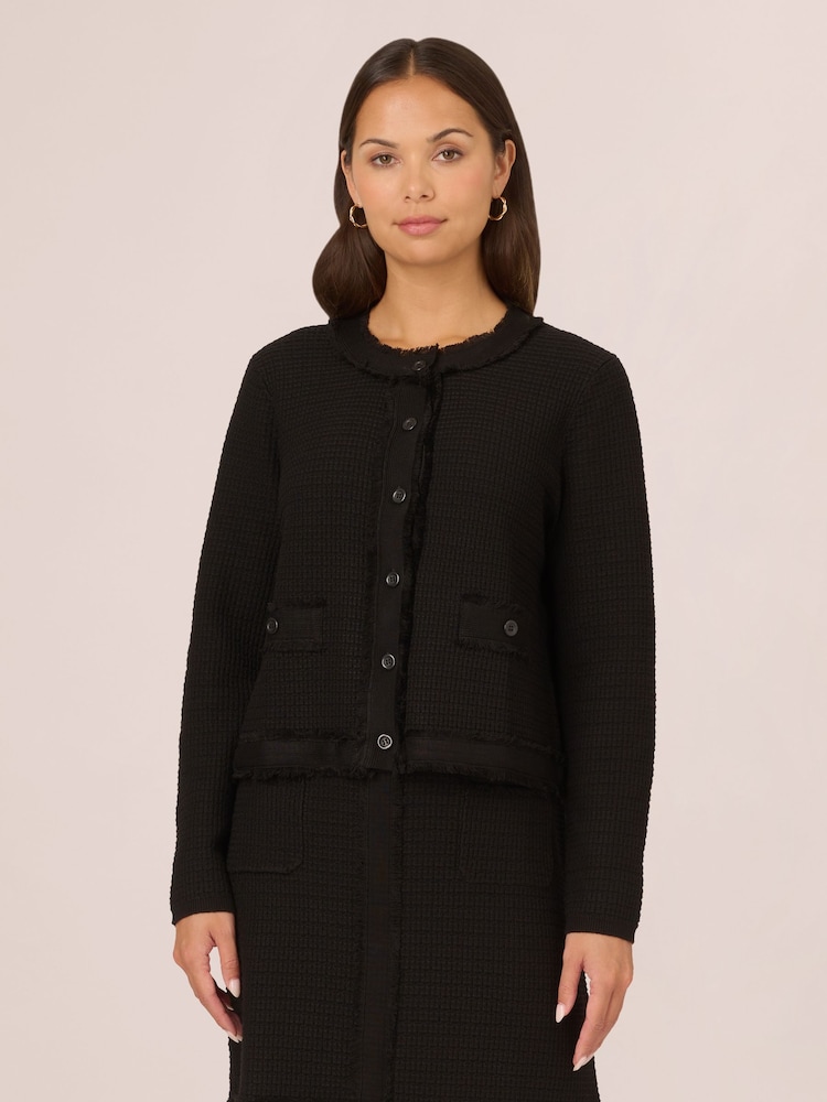 Adrianna Papell Long Sleeve Fray Trim Cardigan Black Sweater With Pockets - Image 1 of 7