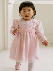 Emile Et Rose Party 100% Cotton Dress With Tulle Overlay Embroidered Yoke and Tights - Image 1 of 6