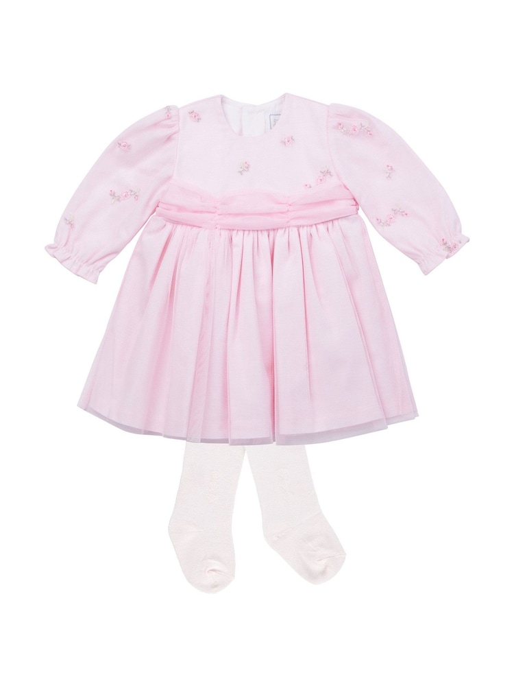 Emile Et Rose Party 100% Cotton Dress With Tulle Overlay Embroidered Yoke and Tights - Image 2 of 6