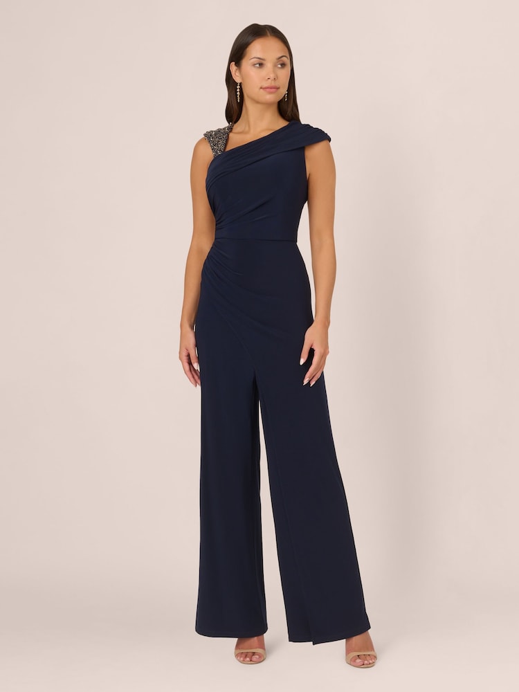 Adrianna Papell Blue Beaded Jersey Jumpsuit - Image 1 of 7 Adrianna Papell Blue Beaded Jersey Jumpsuit - Image 1 of 7