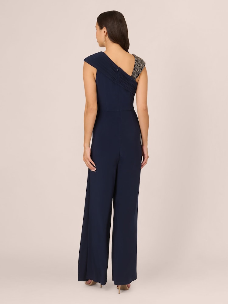 Adrianna Papell Blue Beaded Jersey Jumpsuit - Image 2 of 7 Adrianna Papell Blue Beaded Jersey Jumpsuit - Image 2 of 7