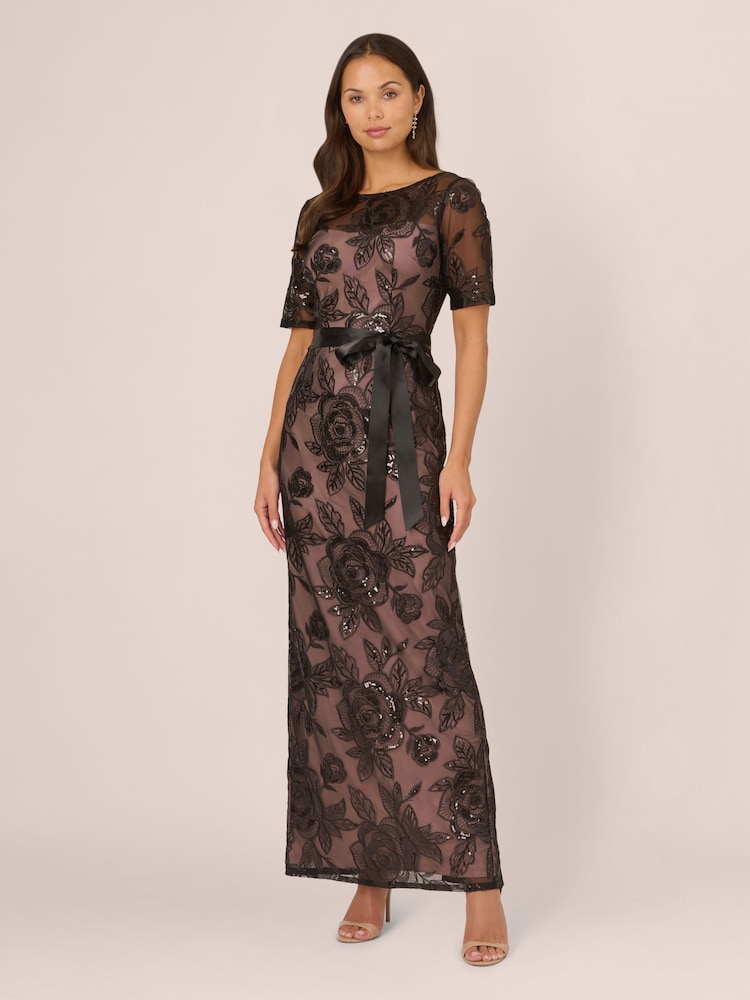 Adrianna Papell Studio Sequin Lace Mermaid Black Dress - Image 1 of 7