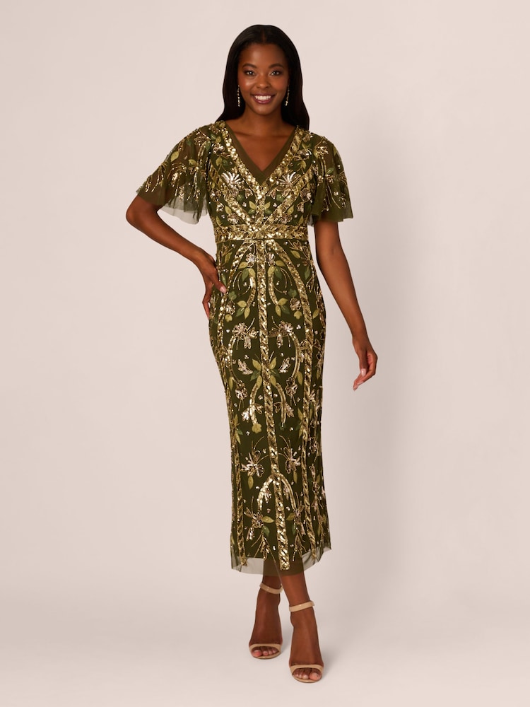 Adrianna Papell Grünes perlenbesetztes Kleid mit Flatterärmeln - Bild 1 von 7 Adrianna Papell Grünes perlenbesetztes Kleid mit Flatterärmeln - Bild 1 von 7