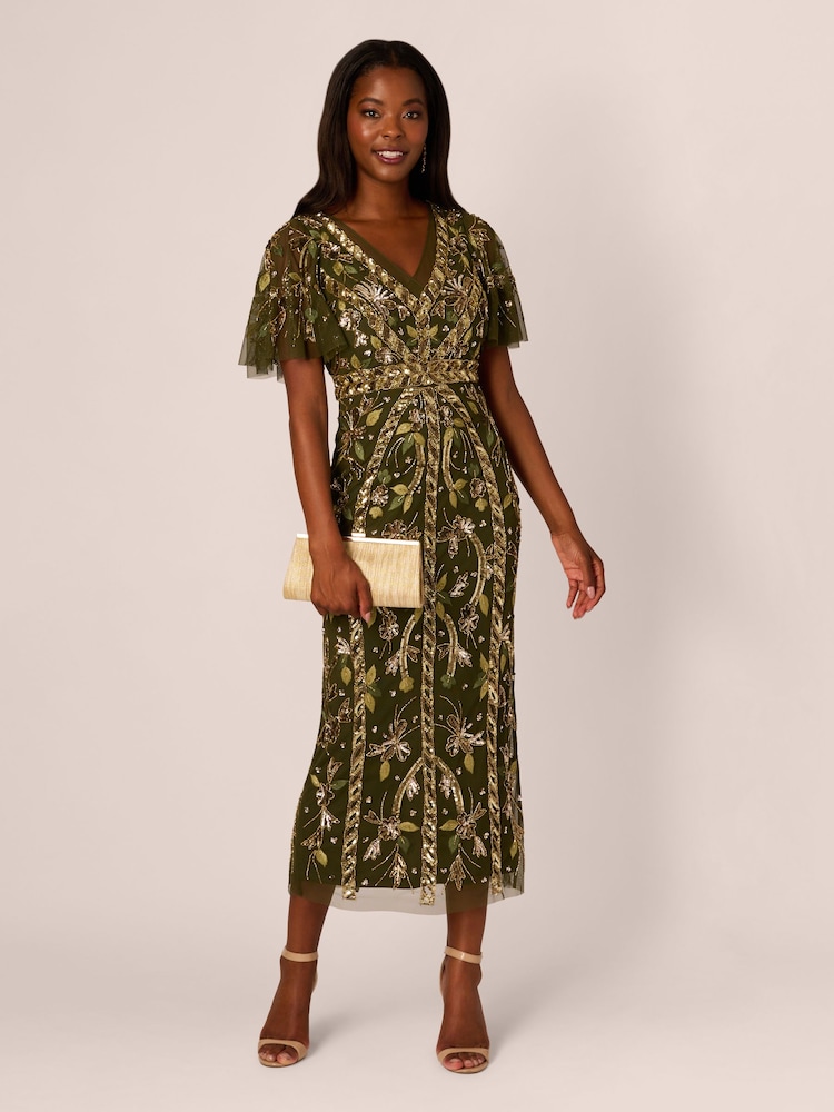 Adrianna Papell Green Beaded Flutter Sleeve Dress - Image 3 of 7