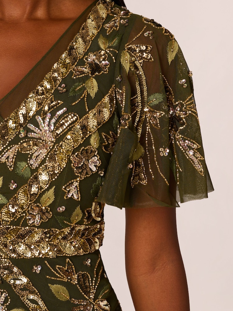 Adrianna Papell Green Beaded Flutter Sleeve Dress - Image 4 of 7