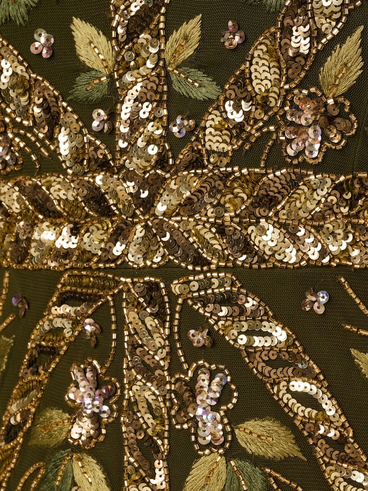 Adrianna Papell Grünes perlenbesetztes Kleid mit Flatterärmeln - Bild 7 von 7 Adrianna Papell Grünes perlenbesetztes Kleid mit Flatterärmeln - Bild 7 von 7
