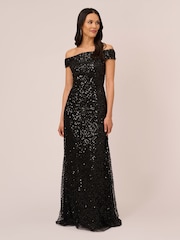 Adrianna Papell Off Shoulder Bead Black Dress - Image 1 of 7