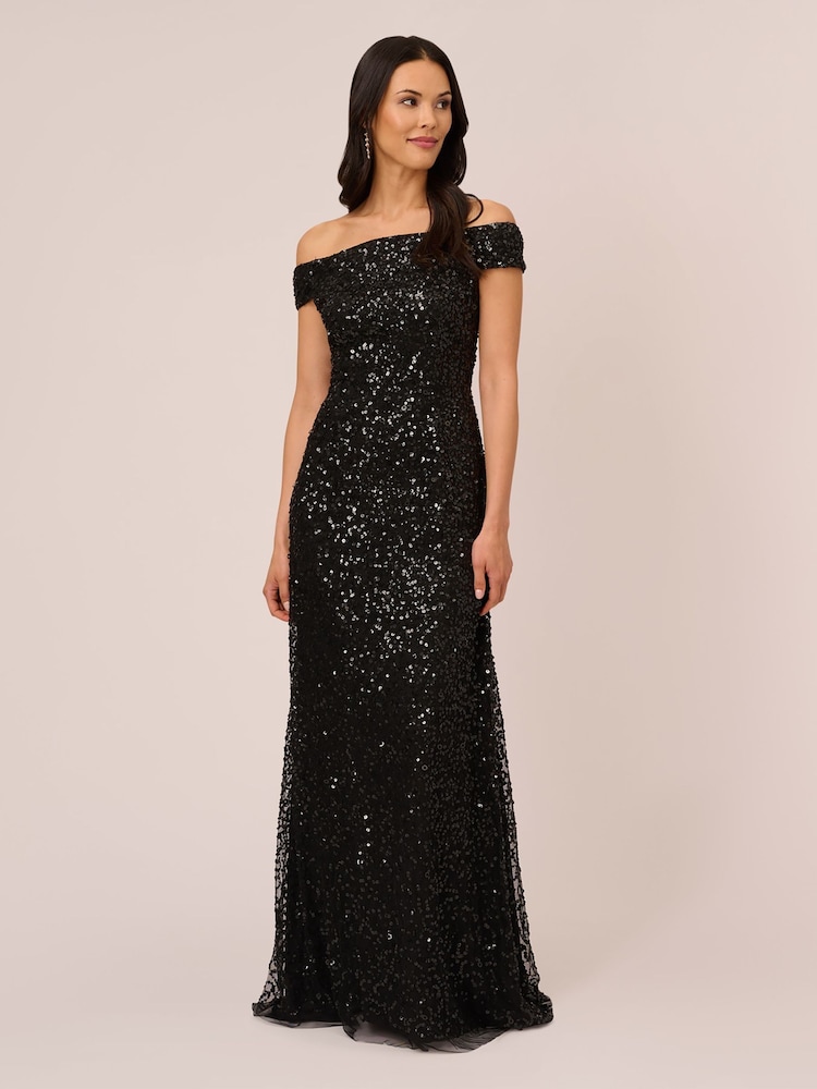 Adrianna Papell Off Shoulder Bead Black Dress - Image 1 of 7