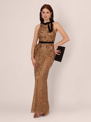 Adrianna Papell Metallic Beaded Halter Long Dress - Image 3 of 7