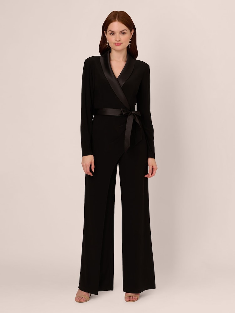 Adrianna Papell Jersey Combo Tuxedo Black Jumpsuit - Imagen 1 de 7