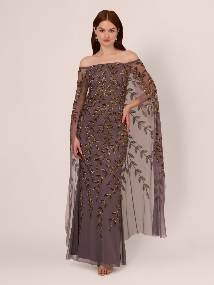 Adrianna Papell Purple Bead Cape Long Dress - Image 1 of 7 Adrianna Papell Purple Bead Cape Long Dress - Image 1 of 7