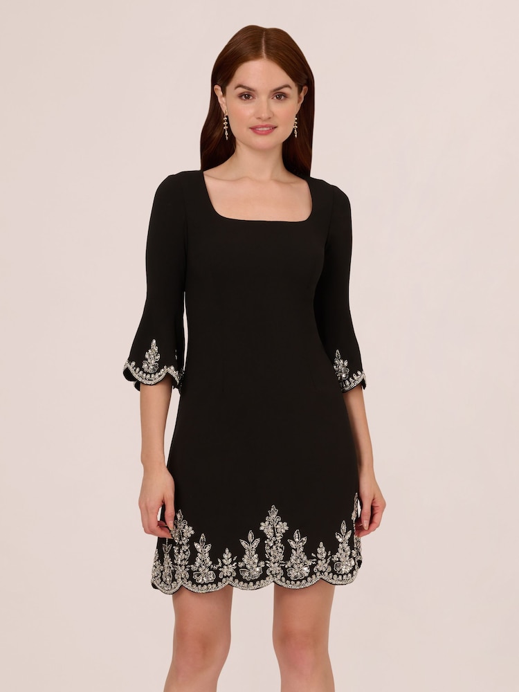Adrianna Papell Beaded Crepe Bell Sleeve Black Dress - Image 1 of 7