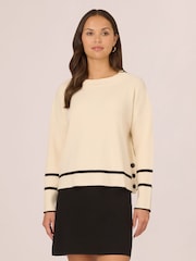 Adrianna Papell Cream Droppped Shoulder Crew Neck Tipped Sweater With Side Buttons - Image 1 of 7