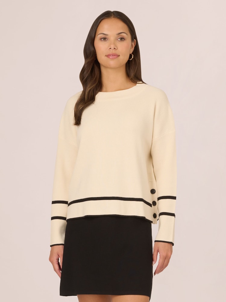 Adrianna Papell Cream Droppped Shoulder Crew Neck Tipped Sweater With Side Buttons - Image 1 of 7