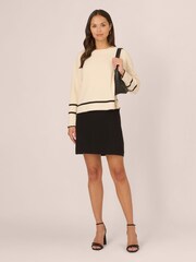Adrianna Papell Cream Droppped Shoulder Crew Neck Tipped Sweater With Side Buttons - Image 3 of 7