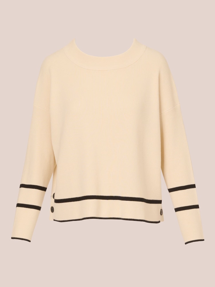 Adrianna Papell Cream Droppped Shoulder Crew Neck Tipped Sweater With Side Buttons - Image 6 of 7