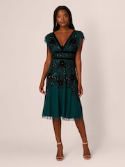 Adrianna Papell Green Velvet Beaded Mesh Dress - Image 1 of 7
