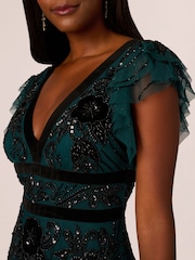 Adrianna Papell Green Velvet Beaded Mesh Dress - Image 5 of 7