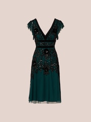 Adrianna Papell Green Velvet Beaded Mesh Dress - Image 6 of 7