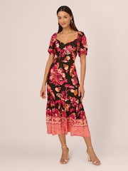 Adrianna Papell Green Printed Puff Sleeve Dress - Image 1 of 7