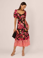 Adrianna Papell Green Printed Puff Sleeve Dress - Image 3 of 7