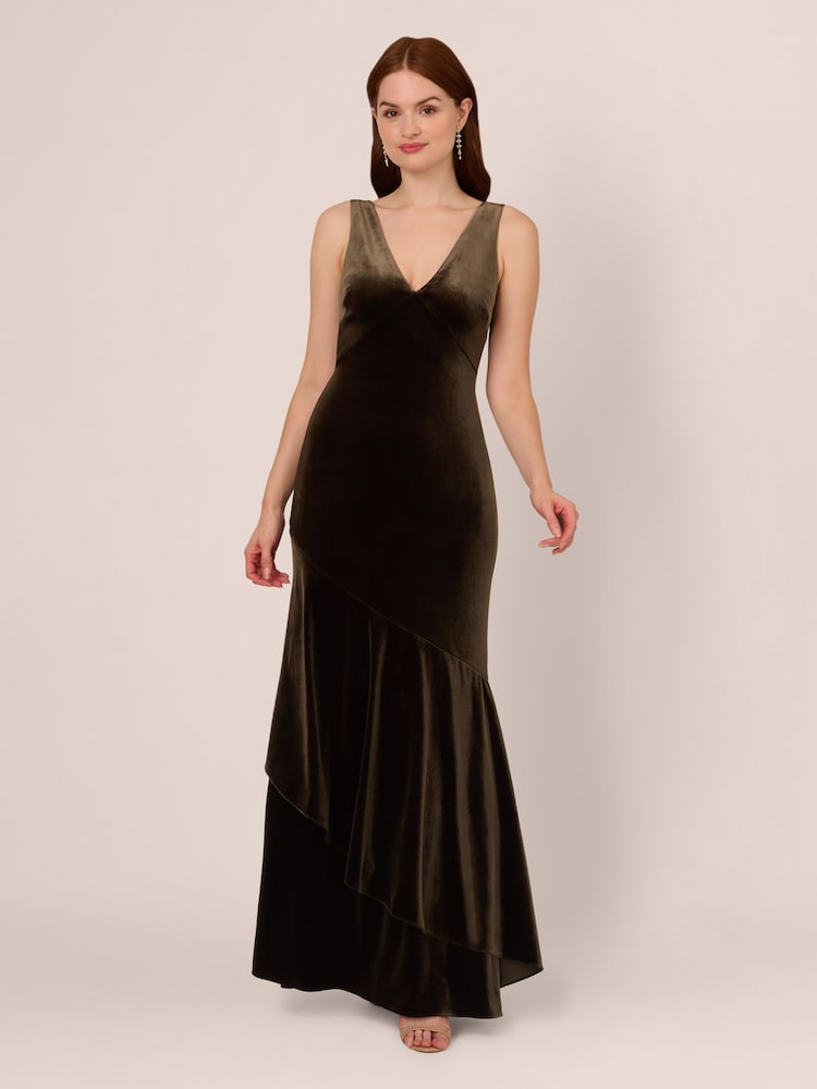 Adrianna Papell Green Velvet Flounce Hem Gown - Image 1 of 7 Adrianna Papell Green Velvet Flounce Hem Gown - Image 1 of 7