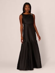 Adrianna Papell Mikado Flounce Shirred Black Gown - Image 1 of 7